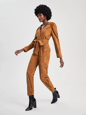 Couture Hooded Belted Faux Suede Jumpsuit