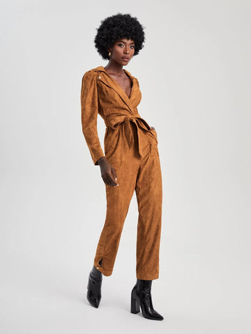Couture Hooded Belted Faux Suede Jumpsuit