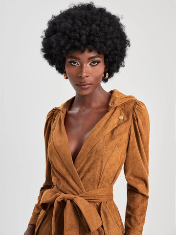 Couture Hooded Belted Faux Suede Jumpsuit
