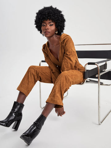 Couture Hooded Belted Faux Suede Jumpsuit
