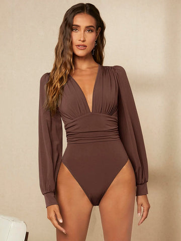 Ruched Lantern Sleeve Bodysuit