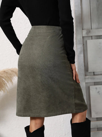 High Waist Button Front Corduroy Skirt