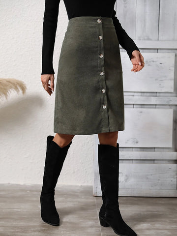 High Waist Button Front Corduroy Skirt