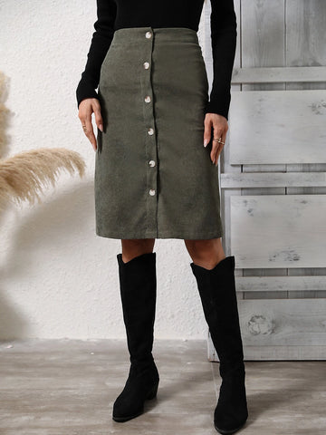 High Waist Button Front Corduroy Skirt