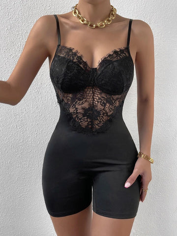 Eyelash Lace Panel Bustier Unitard Cami Romper