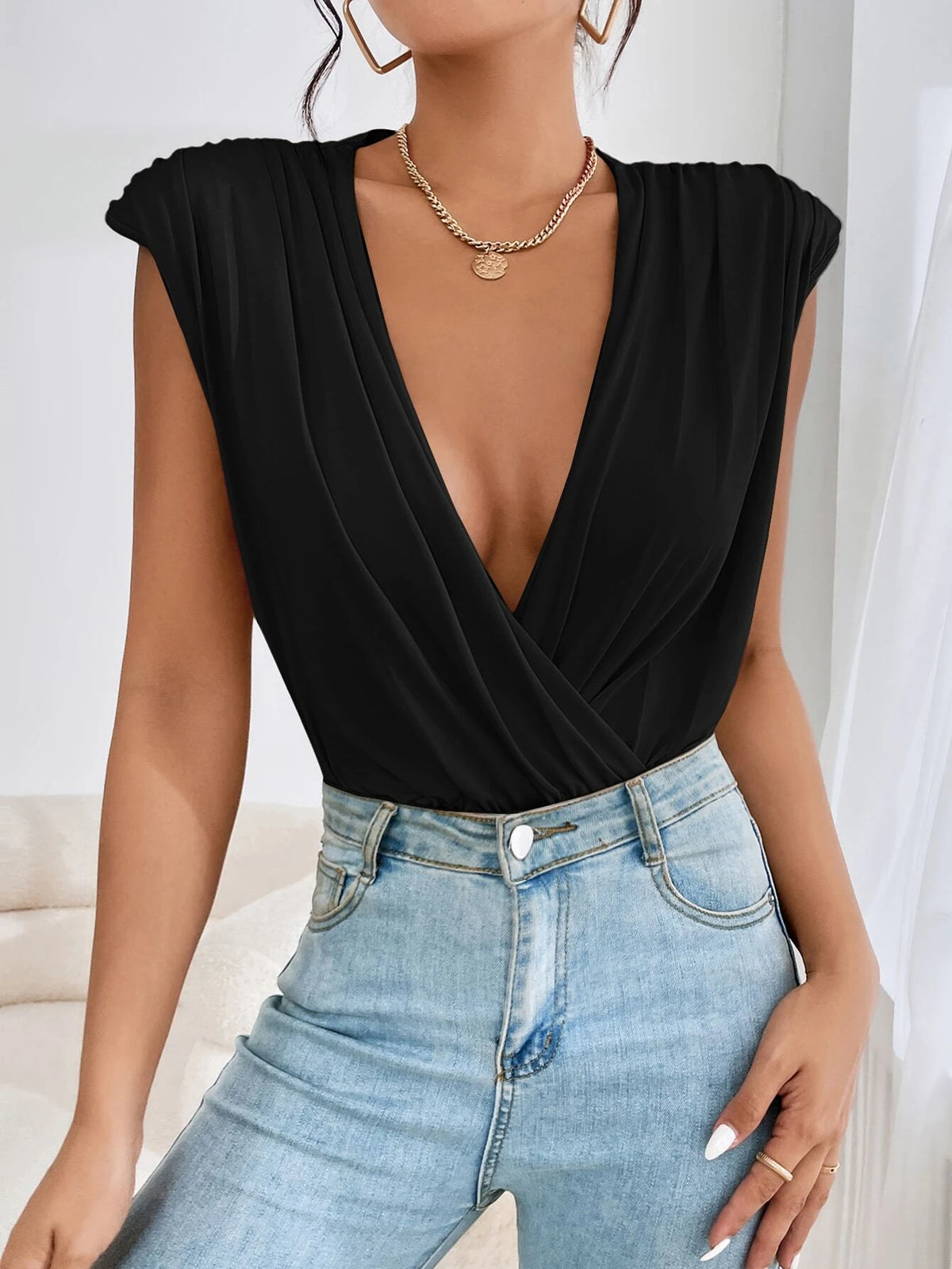 Ruched Shoulder Pads Plunging Neck Bodysuit