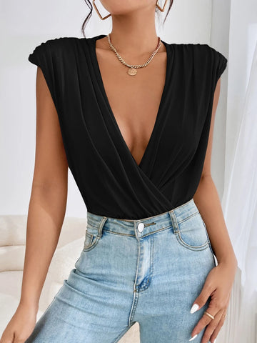 Ruched Shoulder Pads Plunging Neck Bodysuit
