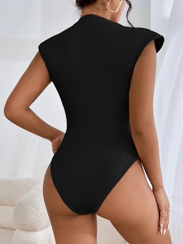 Ruched Shoulder Pads Plunging Neck Bodysuit