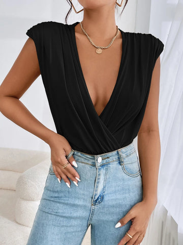 Ruched Shoulder Pads Plunging Neck Bodysuit