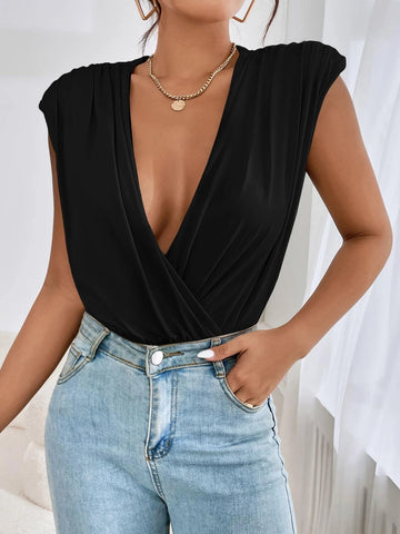 Ruched Shoulder Pads Plunging Neck Bodysuit
