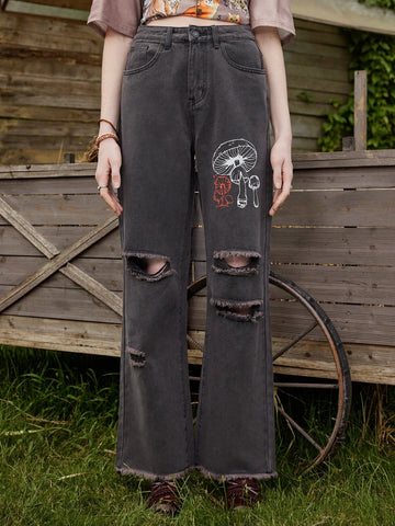ROMWE Fairycore Mushroom Print Ripped Jeans