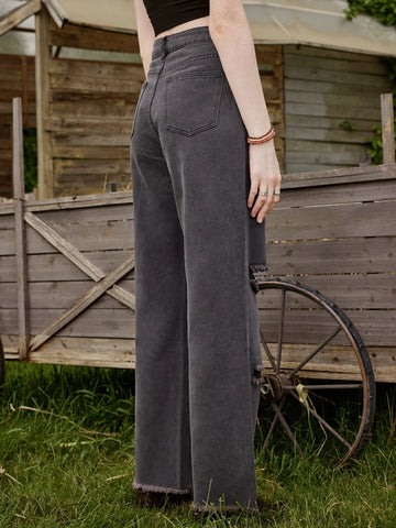 ROMWE Fairycore Mushroom Print Ripped Jeans