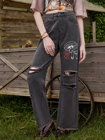 ROMWE Fairycore Mushroom Print Ripped Jeans