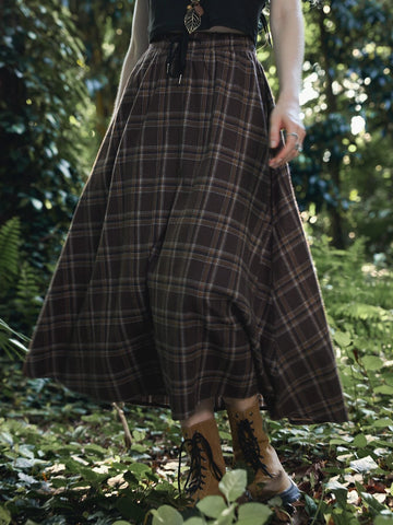 ROMWE Fairycore Drawstring Waist Tartan Skirt