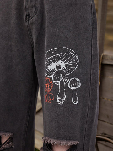 ROMWE Fairycore Mushroom Print Ripped Jeans