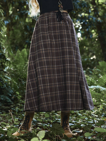 ROMWE Fairycore Drawstring Waist Tartan Skirt