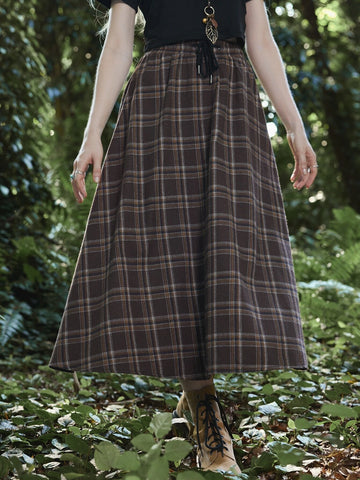 ROMWE Fairycore Drawstring Waist Tartan Skirt