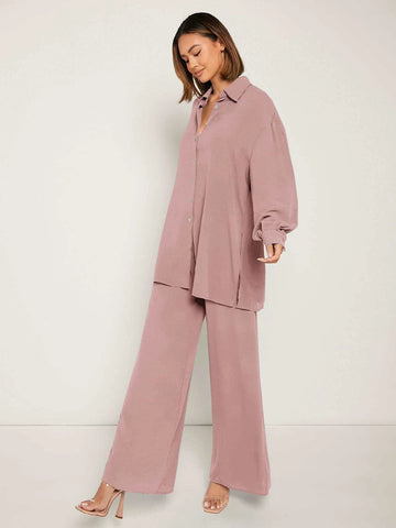 evolu Drop Shoulder Solid Shirt & Wide Leg Pants