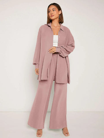 evolu Drop Shoulder Solid Shirt & Wide Leg Pants