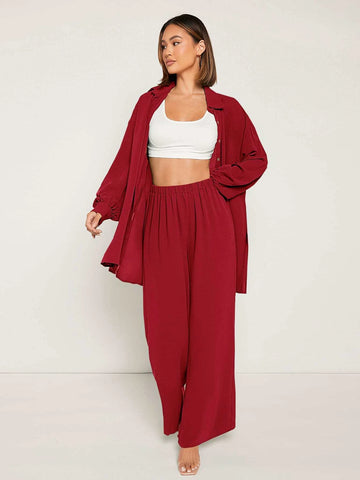 evolu Drop Shoulder Solid Shirt & Wide Leg Pants