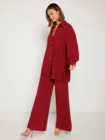 evolu Drop Shoulder Solid Shirt & Wide Leg Pants