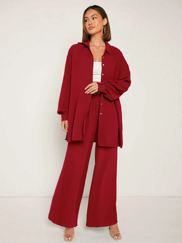 evolu Drop Shoulder Solid Shirt & Wide Leg Pants