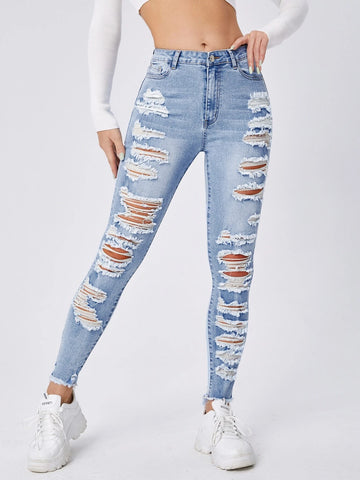 Ladder Distressed Raw Trim Skinny Jeans
