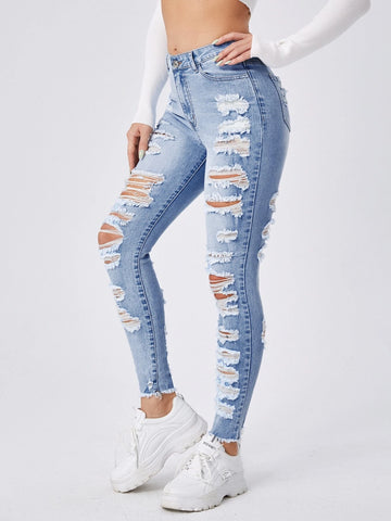 Ladder Distressed Raw Trim Skinny Jeans