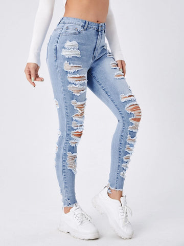 Ladder Distressed Raw Trim Skinny Jeans