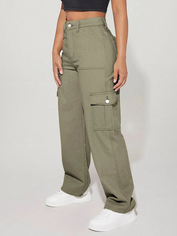 PETITE High Waist Flap Pocket Side Cargo Jeans