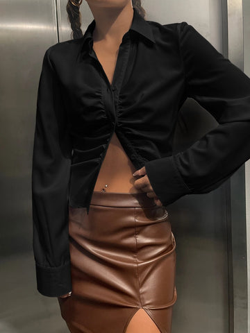 Solid Ruched Button Up Shirt