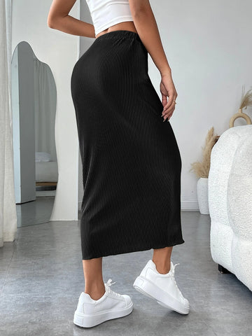 High Waist Rib-knit Pencil Skirt