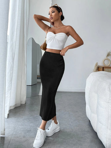 High Waist Rib-knit Pencil Skirt