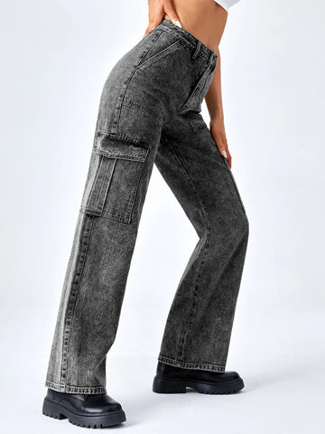 High Waisted Flap Pocket Cargo Jeans