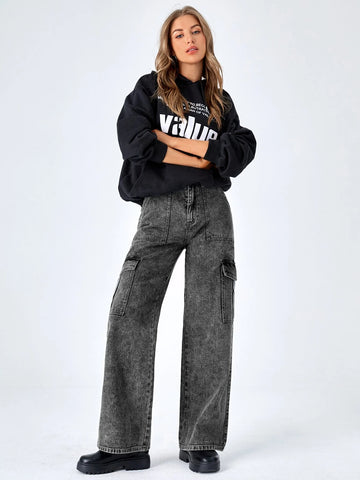 High Waisted Flap Pocket Cargo Jeans