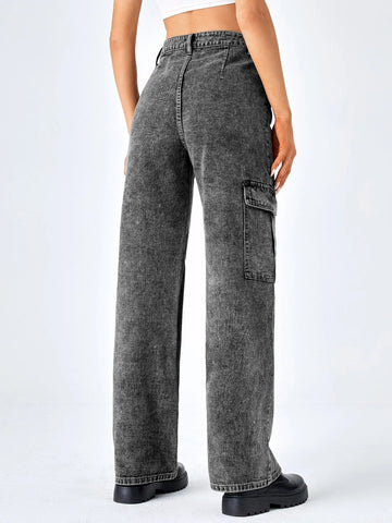 High Waisted Flap Pocket Cargo Jeans