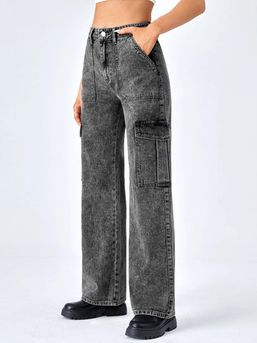 High Waisted Flap Pocket Cargo Jeans