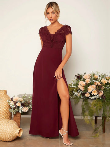 Lace Panel Split Thigh Bridesmaid Dress