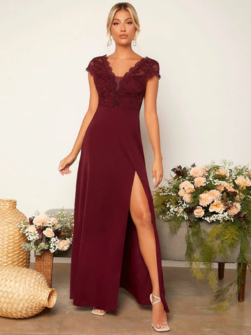 Lace Panel Split Thigh Bridesmaid Dress