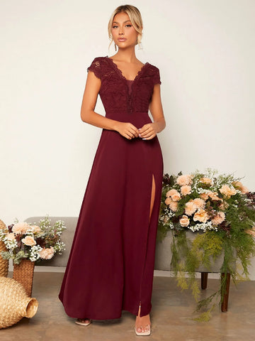 Lace Panel Split Thigh Bridesmaid Dress