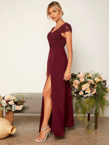 Lace Panel Split Thigh Bridesmaid Dress