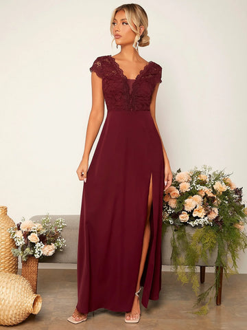 Lace Panel Split Thigh Bridesmaid Dress