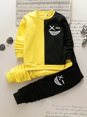 Toddler Boys Cartoon Face Print Two Tone Sweatshirt & Sweatpants