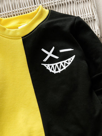 Toddler Boys Cartoon Face Print Two Tone Sweatshirt & Sweatpants