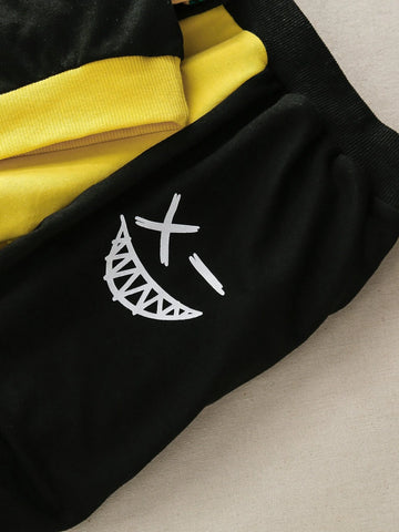 Toddler Boys Cartoon Face Print Two Tone Sweatshirt & Sweatpants