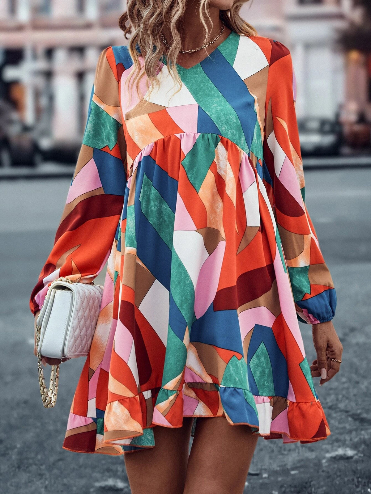 Geo Print Lantern Sleeve Ruffle Hem Smock Dress