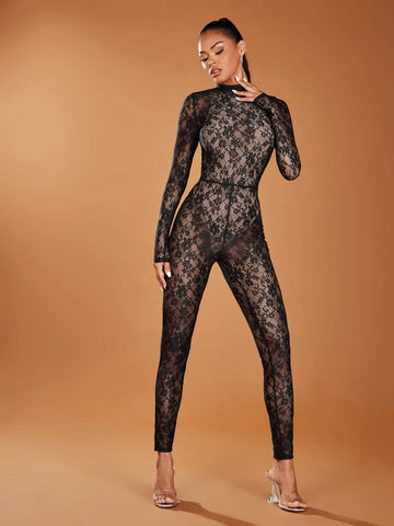 BAE Floral Lace Mock Neck Jumpsuit Without Bodysuit