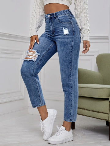 High Waist Ripped Mom Fit Jeans