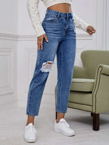 High Waist Ripped Mom Fit Jeans