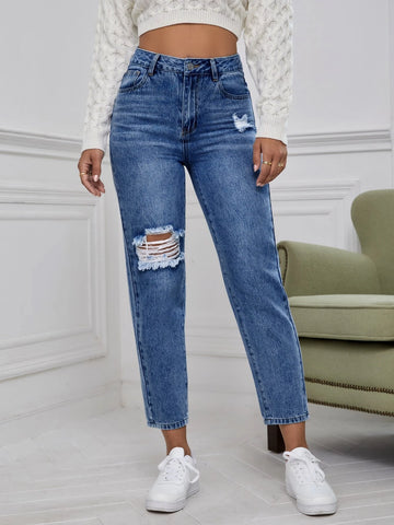 High Waist Ripped Mom Fit Jeans